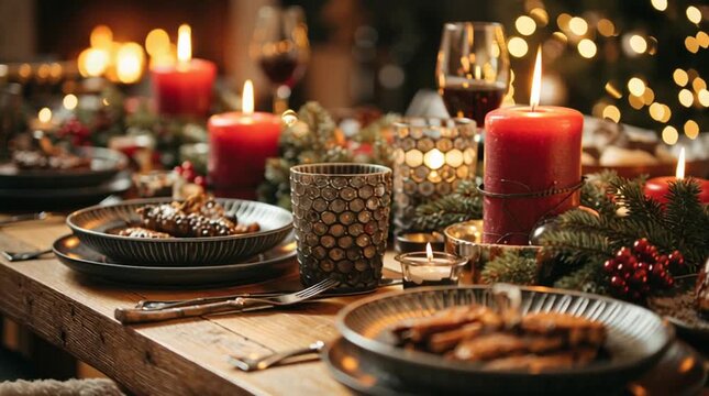 A festive christmas dinner table setting with candles, food, and wine glasses arranged beautifully