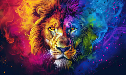 A colorful depiction of a lion's face amidst swirling neon smoke. Generate Ai