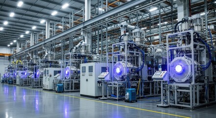 Fototapeta premium Largescale manufacturing hall with deepultraviolet laser crystal growth furnaces lined up along polished concrete floors and steel racks.