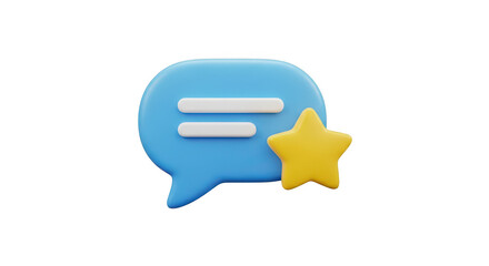 Fototapeta premium 3d icon of a blue chat bubble with two white lines and a yellow star icon, isolated on a transparent background