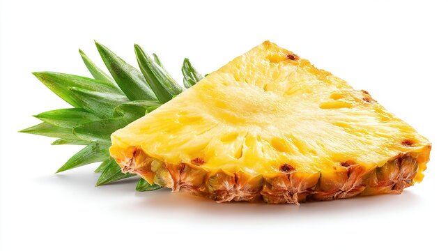 Pineapple wedge with leaves on white background, showing textured fruit detail