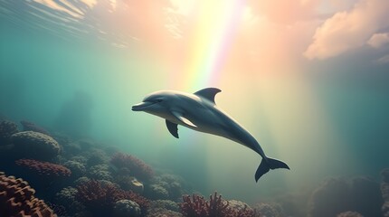 A dolphin gracefully swims through a sunlit underwater scene, casting a serene silhouette against the vibrant coral and tranquil water. Sunbeams pierce the surface, illuminating the gentle waves 
