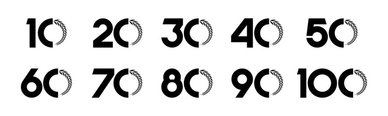 Set of collection numbers 10 to 100 with laurel wreath vector illustration. Laurel wreath with numbers 10, 20, 30, 40, 50, 60, 70, 80, 90, 100 for greetings, anniversary, discounts and more.