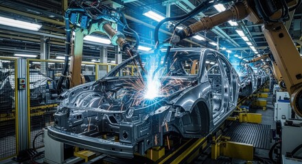 Factory assembly line with robotic welding equipment joining car frame components.