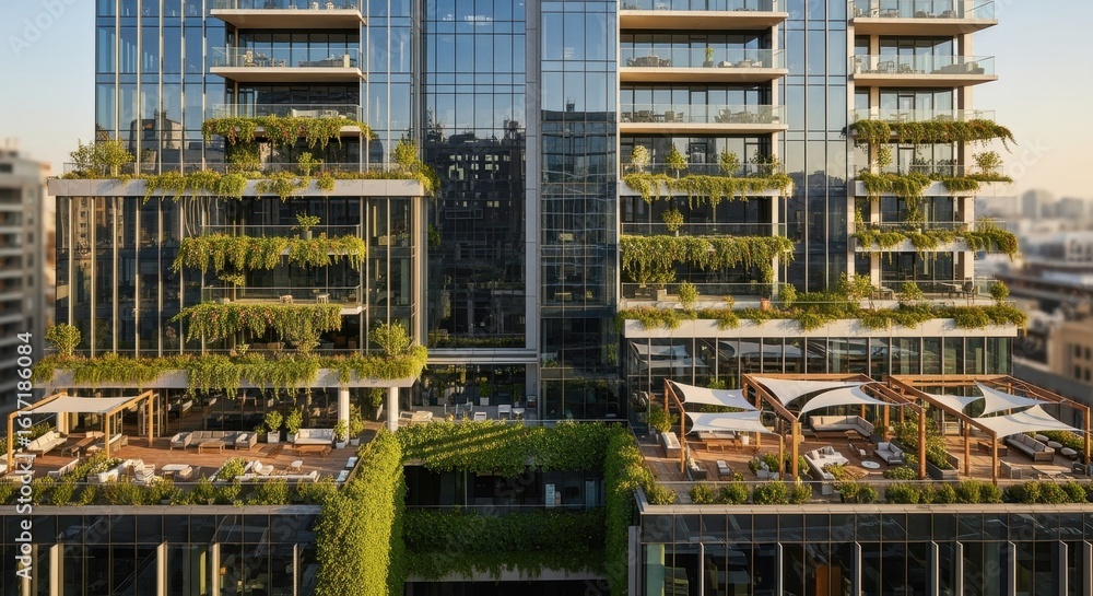 Poster innovative mixeduse building combining sleek glass surfaces with abundant greenery and open space.