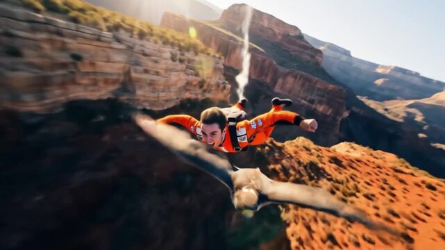 Skydiver soars with falcon over Grand Canyon, extreme sports adventure, aerial view, freedom and adrenaline