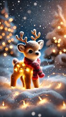 Adorable reindeer wearing scarf and fairy lights in winter snow with festive glow