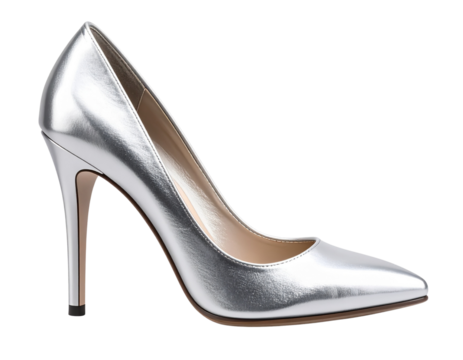 Sapato de salto alto prateado em composição artística com sombra suave, estilo fashion week – fundo transparente – AI gerado