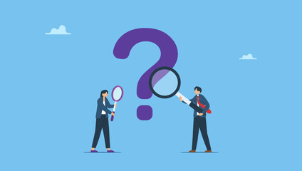 Obraz premium Business people team with magnifying glass analyze question marks. Problem analysis or problem management concept, analyze or investigate for root cause or incident, finding solution.