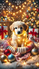 Adorable puppy wrapped in Christmas lights, festive holiday scene with ornaments and gifts