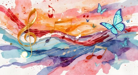 A vibrant and whimsical composition features flowing musical notes intertwined with colorful butterflies against a backdrop of dynamic watercolor strokes. 