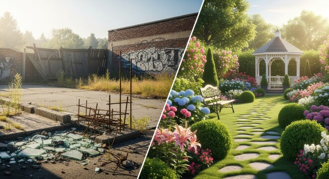 Splitscreen style pan showing contrast between abandoned lot and manicured garden setting.