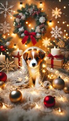 Adorable puppy wrapped in cozy blanket with Christmas lights, festive holiday scene