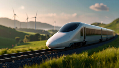 Fototapeta premium High-speed bullet train traveling through a green eco-friendly valley with wind turbines