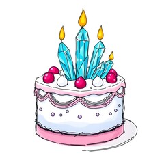 A whimsical cake is topped with blue crystal-like candles and decorated with vibrant red cherries and fluffy white icing. The cake's pastel pink border adds a playful touch to its elegant design.