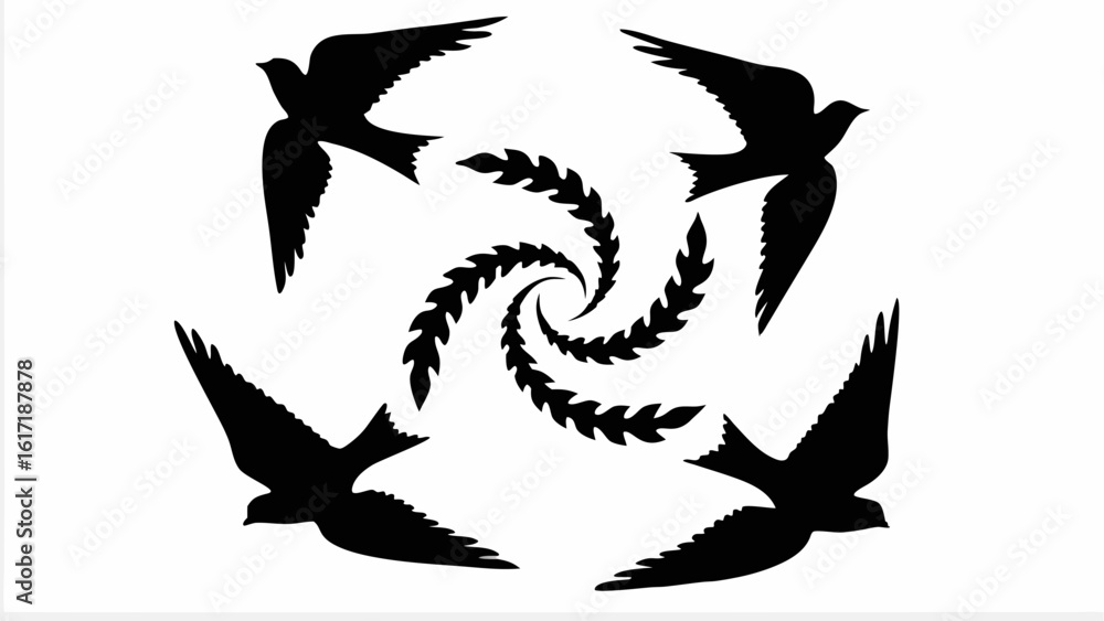 Poster swirling birds and leaves in a circular pattern creating a dynamic and nature inspired design concep