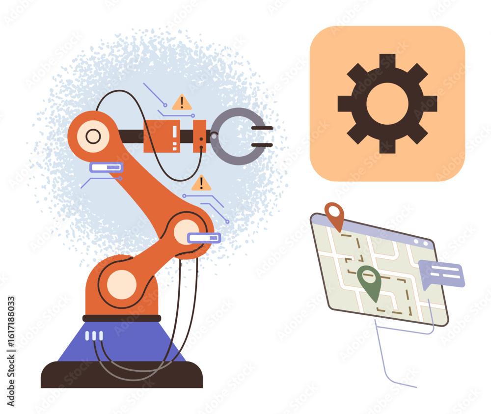 Poster robotic arm with circuits and warning signals, gear symbol for settings, map with pin for navigation