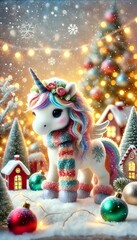 Magical Christmas unicorn in winter wonderland scene brings a festive, joyful, enchanting fairytale spirit