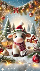 Adorable Christmas cow with Santa hat in a festive winter wonderland scene with snow
