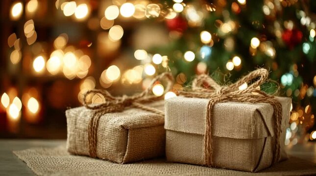 Two christmas gifts wrapped in burlap with twine bows in front of a blurred christmas tree with lights