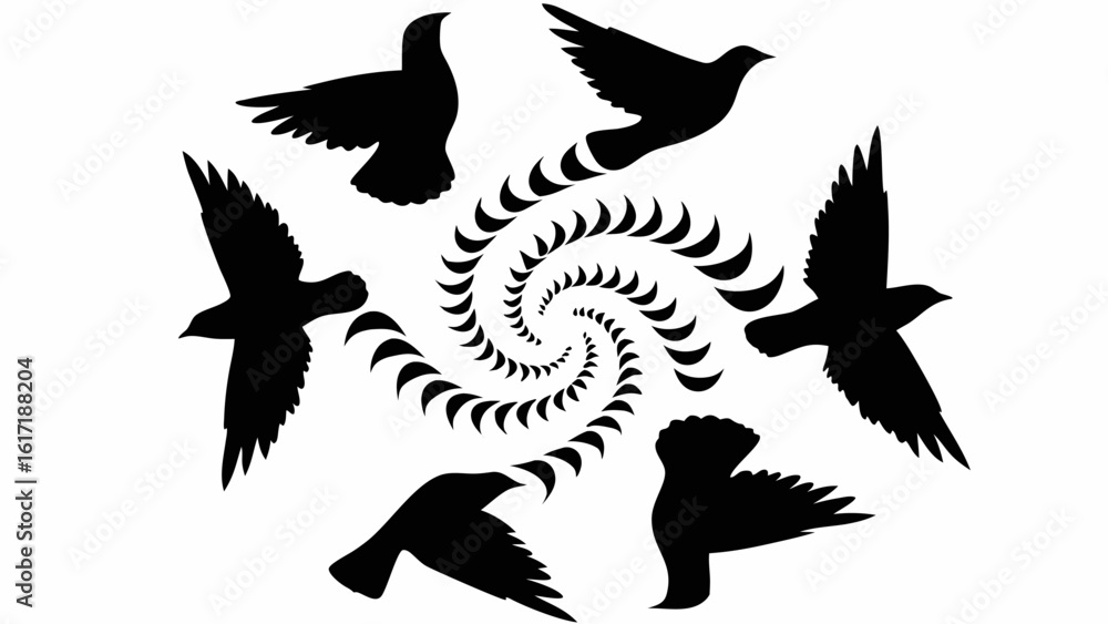Poster silhouetted birds in flight surrounding a spiral design creating a dynamic and visually engaging ima