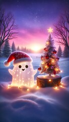 Cheerful Christmas ghost with Santa hat brings holiday magic to winter wonderland scene at sunset