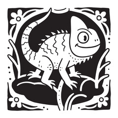 A black and white line art illustration of a cheerful iguana Silhouette vector design. 