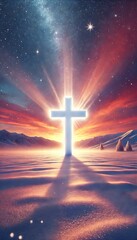 Radiant cross glows in winter landscape against a stunning celestial sky, offering hope and peace