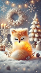 Enchanting winter wonderland scene with adorable fox, Christmas tree, and festive decorations