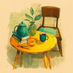 A hand-drawn depiction of a cozy tea table