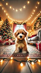 Adorable puppy wearing gold bow tie celebrates Christmas in cozy festive living room with tree and presents