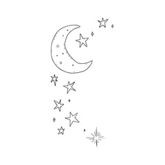 A black and white line art illustration of a crescent moon positioned Silhouette Vector Design.
