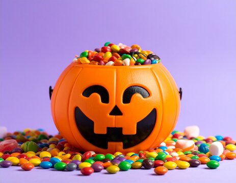 Smiling Jack-o'-Lantern Filled with Halloween Candy