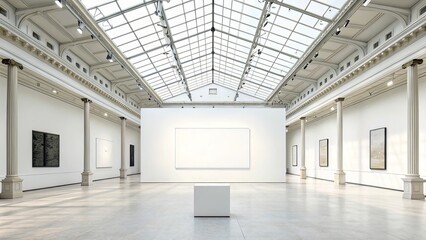 Obraz premium Spacious gallery room with white wall and blank canvas, skylight above and central pedestal detail