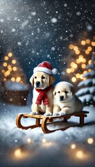 Adorable golden retriever puppies celebrate winter holidays on a sled in a snowy wonderland