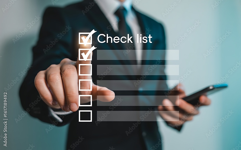 Poster navigating success: a businessman's checklist for achieving goals, streamlining progress with digita
