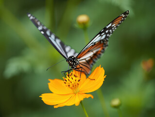 Naklejka premium Striking Monarch Butterfly Feeding on Vibrant Yellow Cosmos Flower in a Lush Garden Setting Showcasing Pollination and the Interconnectedness of Nature