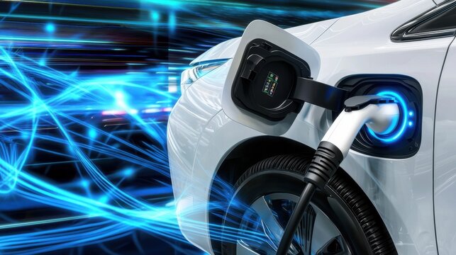 A white electric vehicle connected to a charging station surrounded by a dynamic display of blue energy lines representing the advanced technology powering the clean