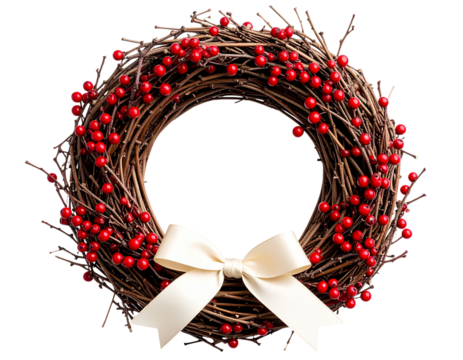 Minimalist Christmas Wreath with Twigs and Red Berries – Transparent PNG