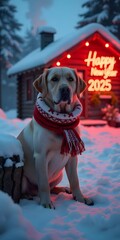 Adorable labrador wearing festive scarf celebrating happy new year 2025 in snowy winter wonderland