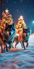 Magical winter wonderland scene featuring majestic wolves amongst twinkling Christmas trees in snowy landscape