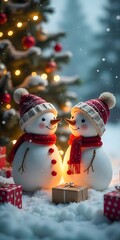 Festive snowmen friends sharing a warm glow against a twinkling Christmas tree backdrop