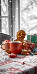 Cozy winter scene with gingerbread man, hot cocoa, and gifts by a snowy window creates holiday cheer