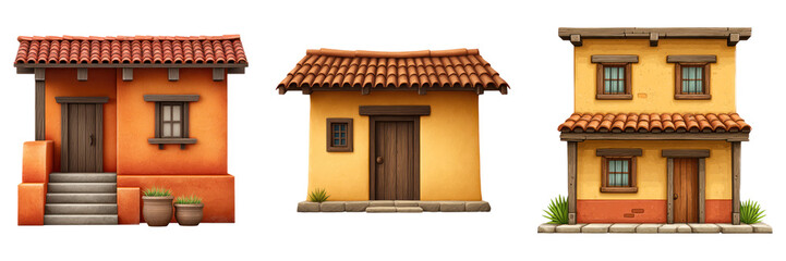Traditional Latin American adobe houses with terracotta tile roofs and wooden doors, surrounded by plants and stone steps
