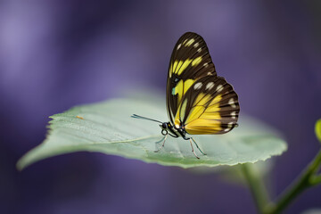 Obraz premium Exotic Butterfly Resting on a Lush Green Leaf Displaying Intricate Wing Patterns and Vibrant Yellow Hues Against a Soft Purple Backdrop in a Natural Setting