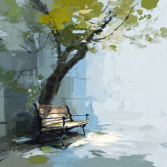 A digital painting of a cozy city park bench with leaves