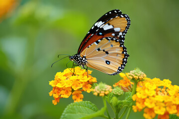 Obraz premium Monarch Butterfly Delightfully Feasting on Yellow Lantana Flowers in a Serene Garden Setting with a Soft Green Background