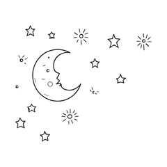 A black and white line art illustration of a crescent moon positioned Silhouette Vector Design.