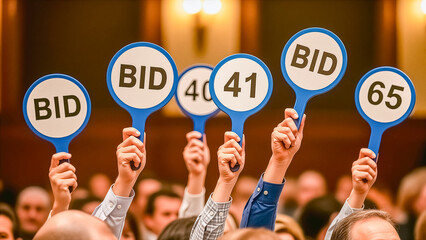 Excited bidders raise paddles at auction, signaling active participation and bidding wars