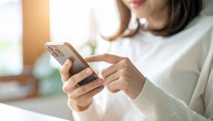 A woman's hand operating a smartphone in a bright, sunny room